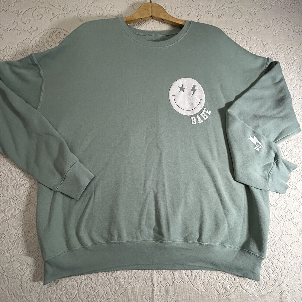 Smiley Face Babe Sweatshirt Sage Green Trendy Grunge Emo